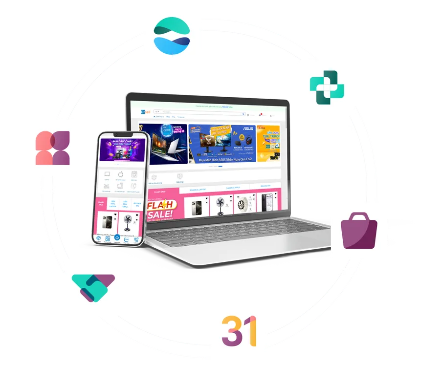 Các ứng dụng Odoo gồm Website, Helpdesk, Livechat, CRM, eCommerce và Appointment quanh một laptop và điện thoại